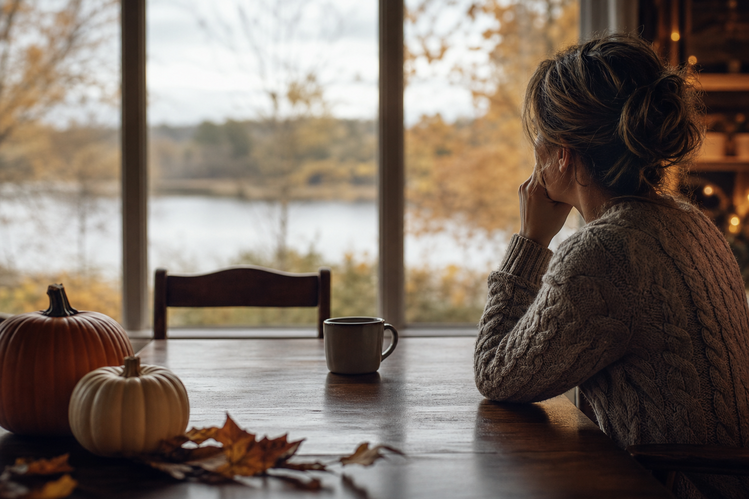 woman in cozy sweater looking out window at fall trees, feeling grief during holidays with pumpkins on table.