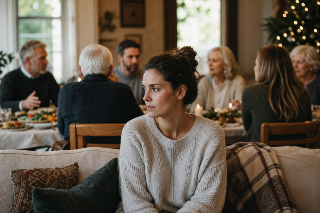 pensive woman on a couch looking away from family at a holiday dinner, reflecting on setting family boundaries during holidays.
