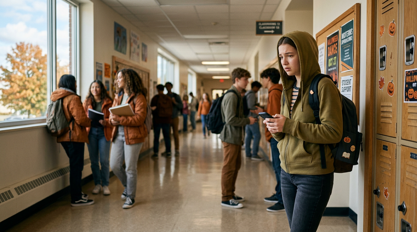 anxious teen girl in a busy school hallway feeling teen anxiety social pressure, looking down at phone.
