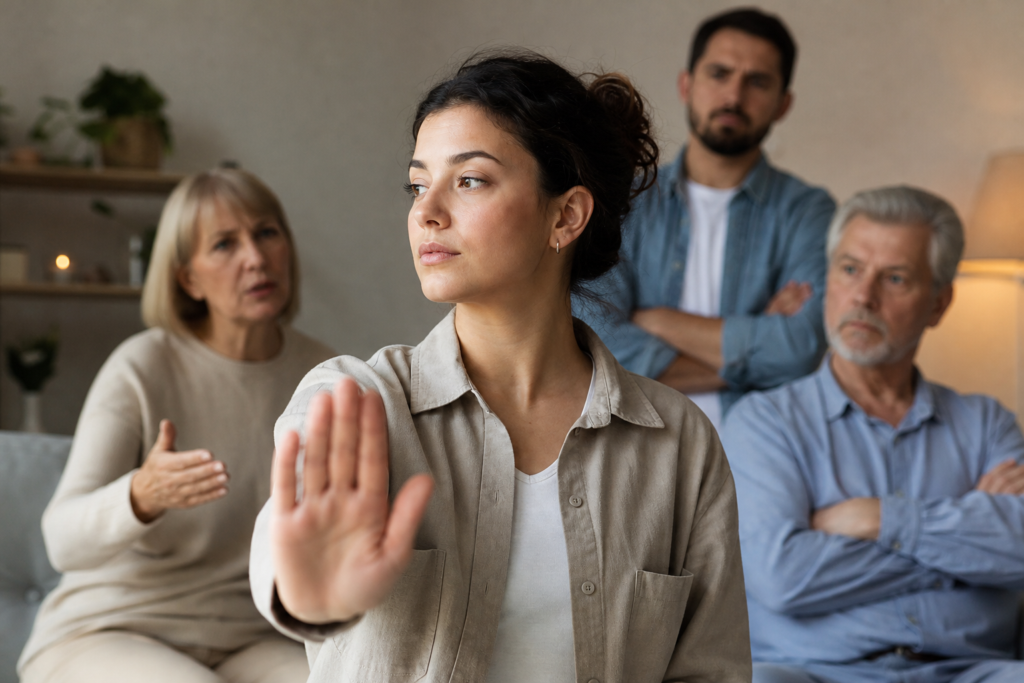 young woman setting fear of rejection boundaries with hand up, family in background.