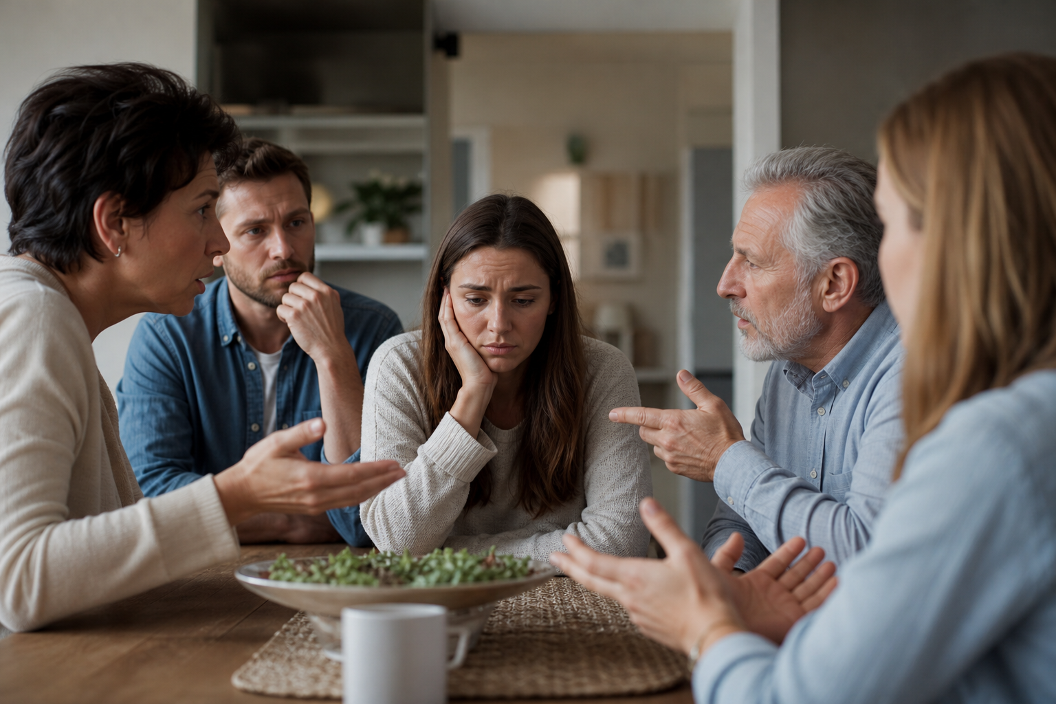 distressed young woman at table, surrounded by talking family members, struggling with emotional boundaries with family.