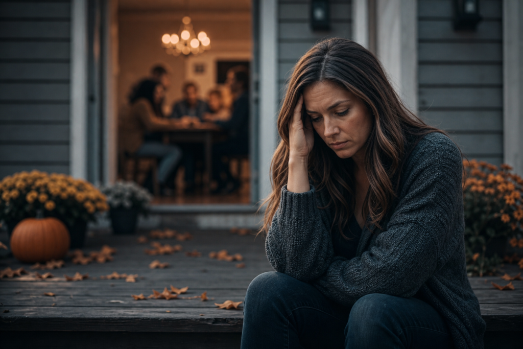 sad woman sitting outside during october while family gathers inside, highlighting family trauma triggers.