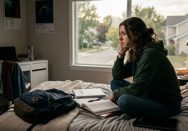 teen girl sitting on bed looking out window with backpack and books, experiencing teen back to school anxiety.
