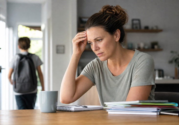 stressed mom with hand on forehead, child with backpack walking away, depicting parental back to school anxiety.