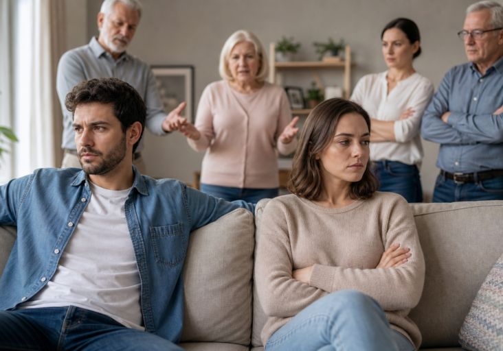 upset couple on couch ignoring four disapproving family members, showing family boundary violations.