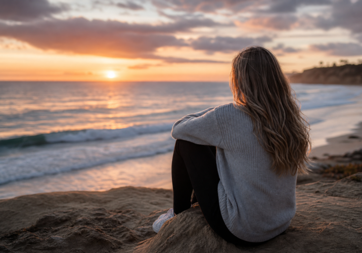 young woman with long hair watching a beach sunset, feeling end of summer anxiety.