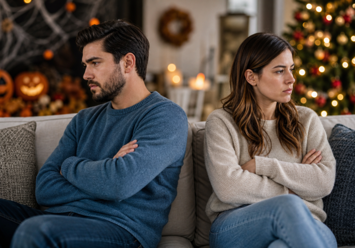 upset couple with crossed arms facing away, illustrating couples therapy holiday conflicts