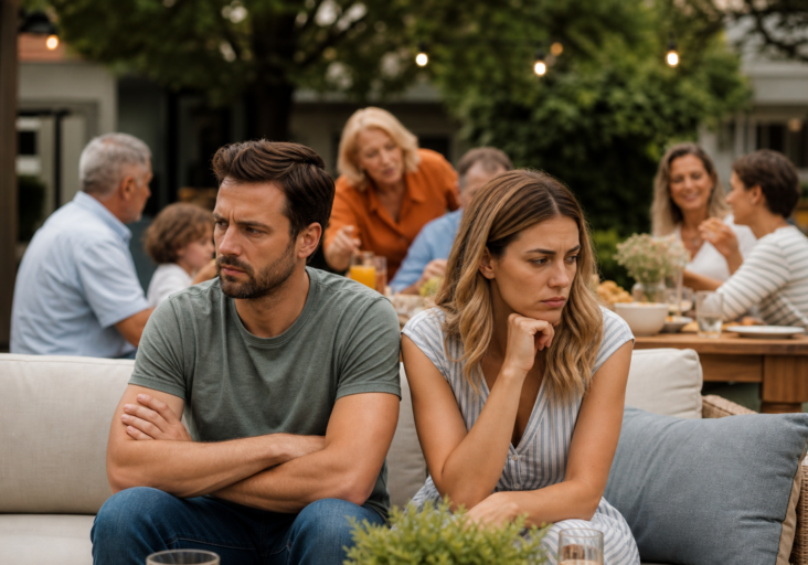 a solemn couple, man with crossed arms, woman with hand on chin, ignoring family at a garden party, navigating family pressure as a couple.