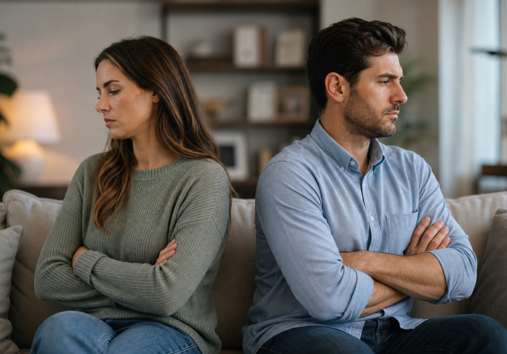 upset couple with crossed arms and backs turned, lacking emotional safety in relationships.