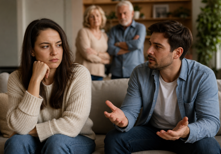 upset woman and gesturing man on couch, older couple blurred in background, needing emotional safety in relationships.