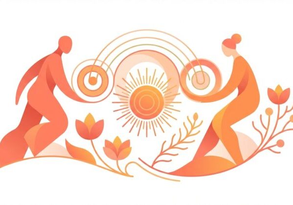 two stylized figures connecting through an arc of new relationship patterns, with sun and flowers.