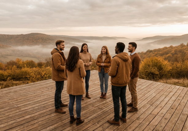 group of six dbt skills young adults talking on a wooden deck overlooking a misty autumn valley.