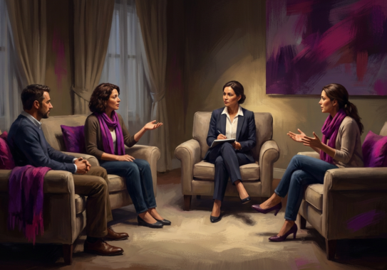 therapist facilitating family therapy for adult children in comfortable armchairs.