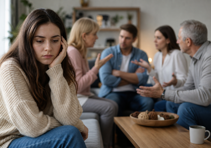 young woman feeling sad, distant from arguing family members, representing fear of rejection family conflict.