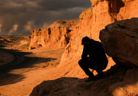 silhouette of a person crouching in a desert landscape against a dramatic sky, perhaps reflecting act therapy avoidance