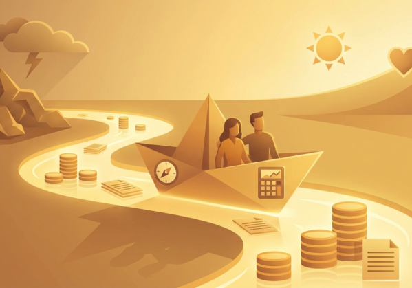 paper boat with couple navigating a financial river, sun and heart on horizon to navigate financial stress.