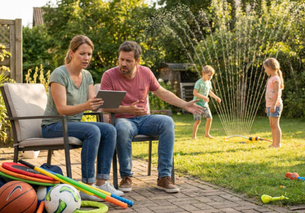 parents discussing couples parenting styles on a tablet while kids play in the sprinkler.