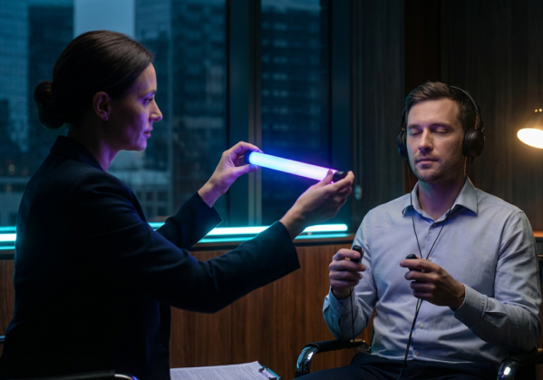 therapist guides a male patient through emdr therapy using a light wand and headphones.