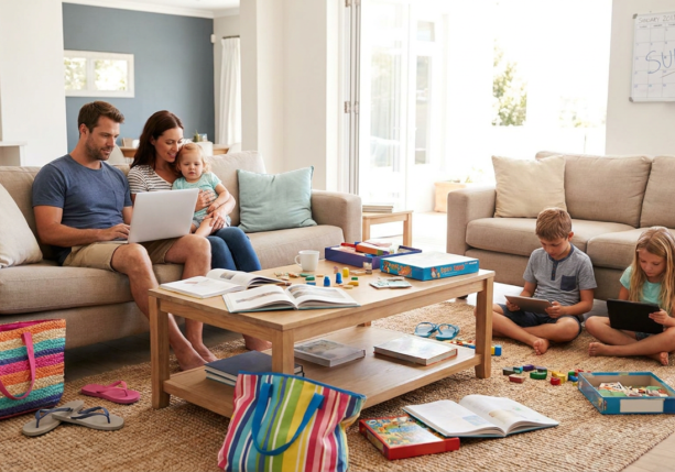 family systems therapy summer scene with parents and toddler on sofa using laptop, and two children on floor with tablets.