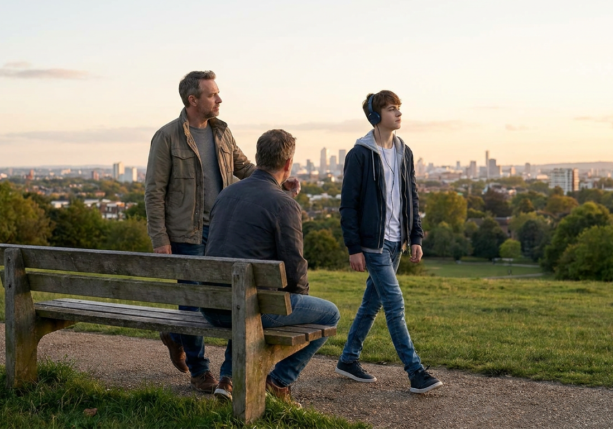 two fathers and a teen boy with headphones in a park, overlooking a city, illustrating father teen mental health.
