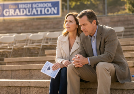 thoughtful graduation anxiety parents sitting on bleachers, a blue graduation cap next to them.