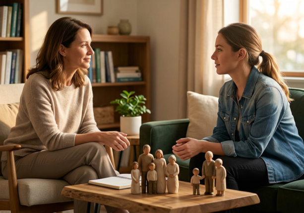 two women discuss family of origin therapy with wooden family figurines on a coffee table.