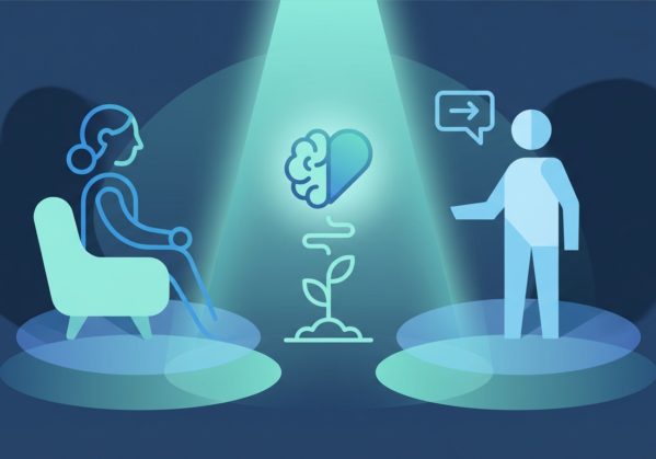 illustration of an individual therapy session showing a seated person listening to another person, with a brain-heart and growing plant icon between them.