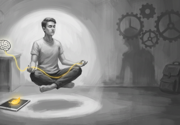 man meditating in a lotus pose, connected to a glowing brain, illustrating mindfulness-based therapy.