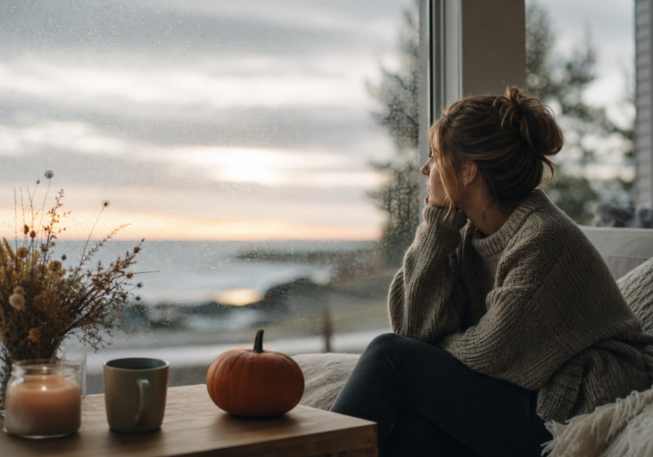 woman in cozy sweater looking out rainy window, fall decor, seasonal affective disorder october.