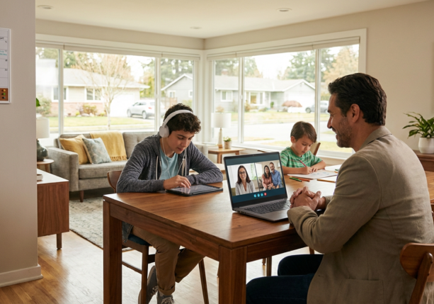 father on video call for teletherapy for families, while kids play nearby.