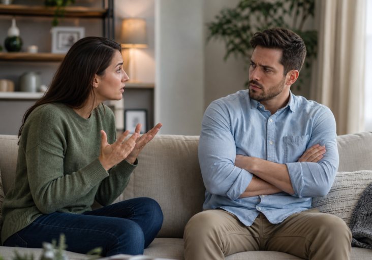 woman gesturing while man with crossed arms looks away during difficult family conversations.