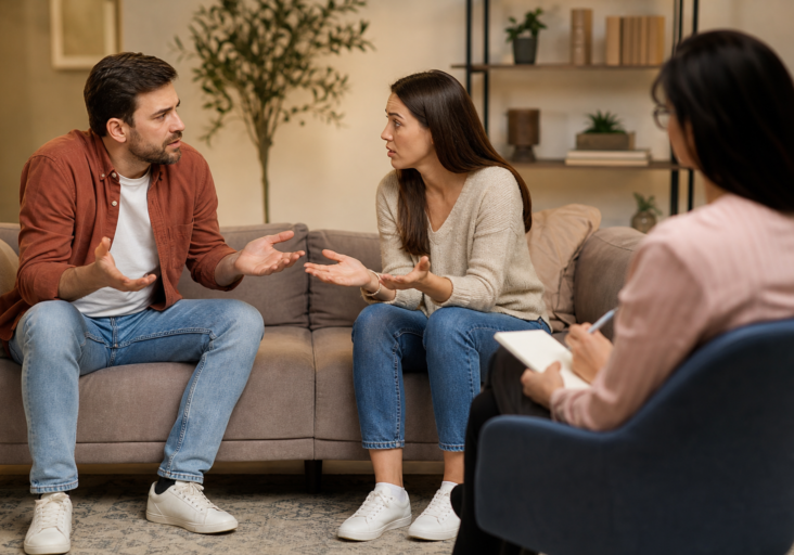 couple and therapist discussing couples therapy communication skills during a session.