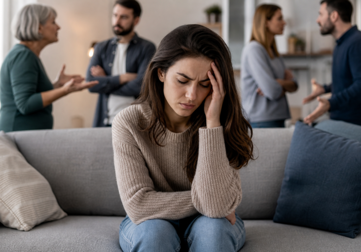 stressed young woman on couch as family argues, showing impact of toxic family relationships on mental health.