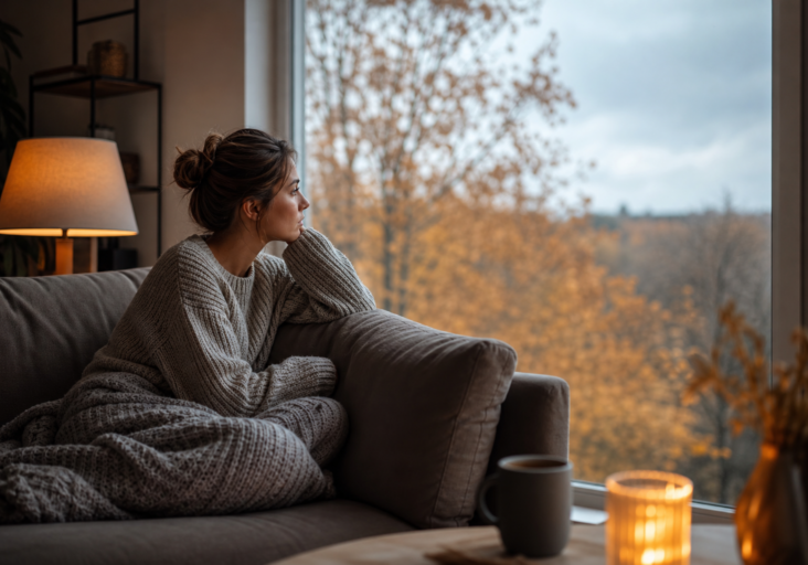 young woman, bundled in sweater and blanket, gazing out window on a gray autumn day, suggesting seasonal affective disorder counseling.
