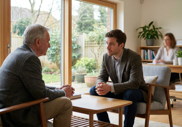 two men in a living room, discussing father relationship therapy while a woman works in the background.