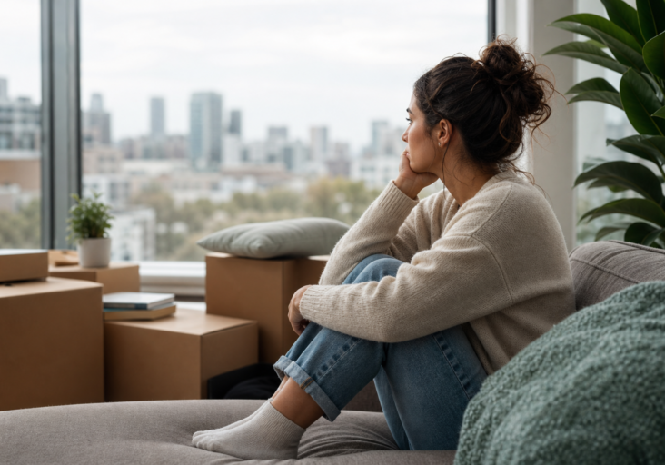 young woman sitting sadly on a couch looking out a window, needing therapy for young adults.