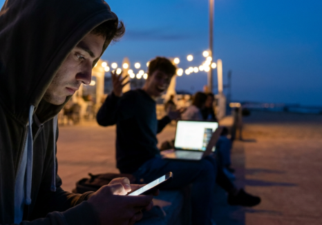 a young man in a hoodie scrolls on his phone at night, potentially needing summer job rejection therapy.