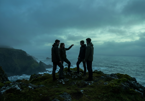 four young adults conversing on a mossy cliff overlooking a dark ocean, useful for narrative therapy young adults.