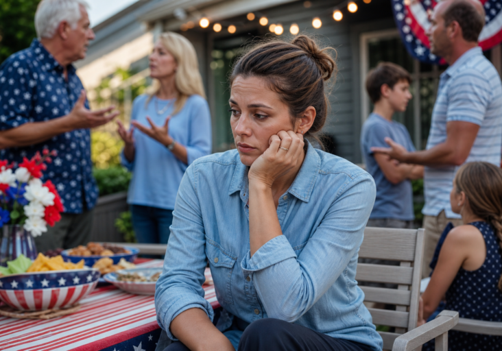 a woman looking dejected amid arguing family members, representing 4th of july family stress.
