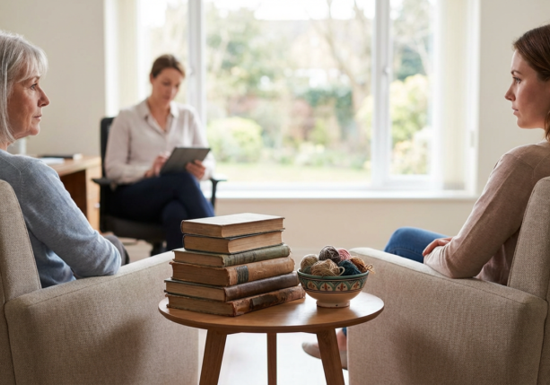 two women sit facing a therapist, engaged in mother relationship therapy.