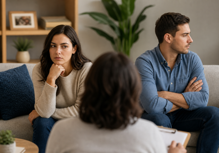 unhappy couple in couples therapy after break, looking away from each other with therapist taking notes.