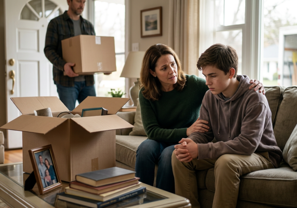 mother comforting sad son in living room with moving boxes, reflecting family of origin patterns.