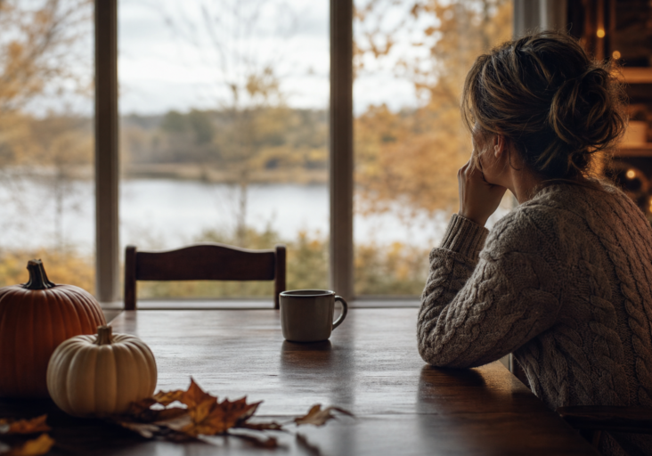 woman in cozy sweater looking out window at fall trees, feeling grief during holidays with pumpkins on table.
