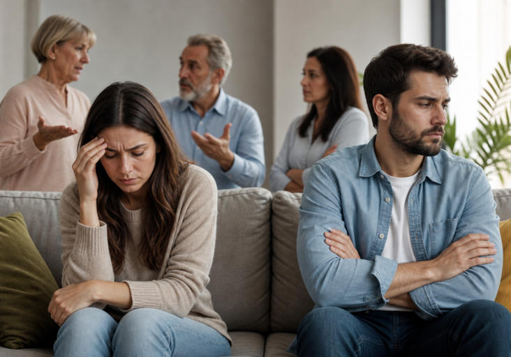 distressed young couple on couch, older family members arguing, showing guilt patterns family relationships.