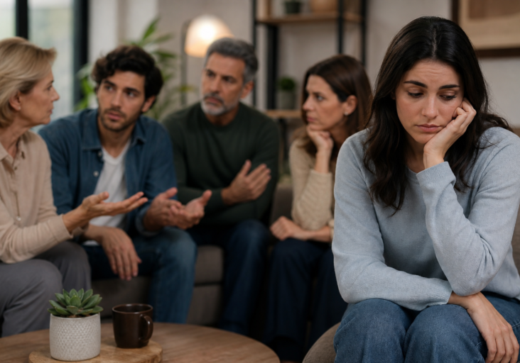sad woman reflecting on unhealthy family signs, family dynamics, and toxic family relationships during group therapy.