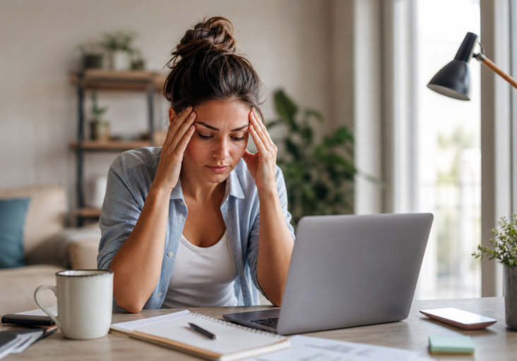 stressed woman holding her head at laptop, returning to work after labor day how therapy helps with career transition anxiety.