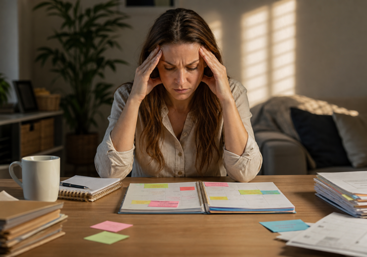 stressed woman looking at her planner, hands on head, grappling with routine change stress management.