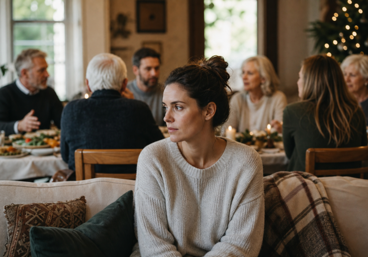 pensive woman on a couch looking away from family at a holiday dinner, reflecting on setting family boundaries during holidays.