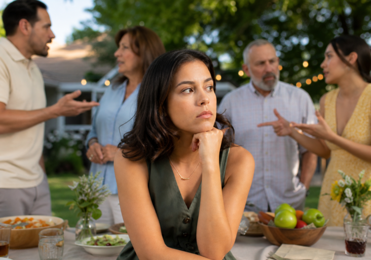 young woman looking away anxiously, surrounded by arguing family, reflecting on healthy boundaries with extended family.