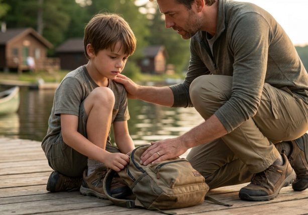 father and son packing a backpack on a dock, illustrating summer camp anxiety